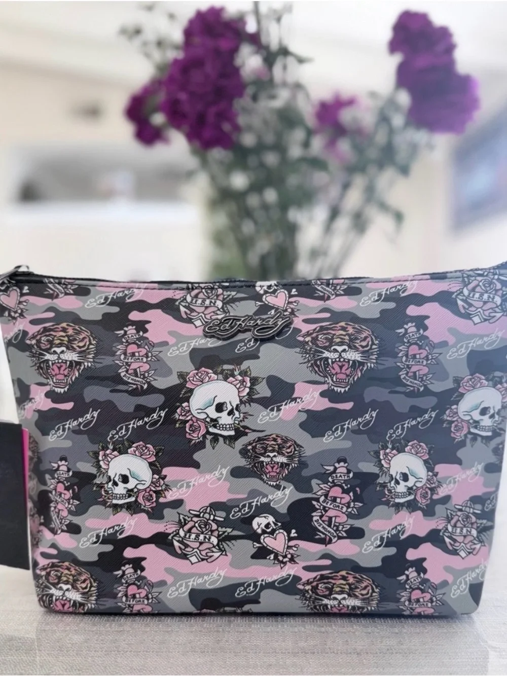 Ed Hardy Pink Black Gray Camo Skull Cosmetic Pouch
